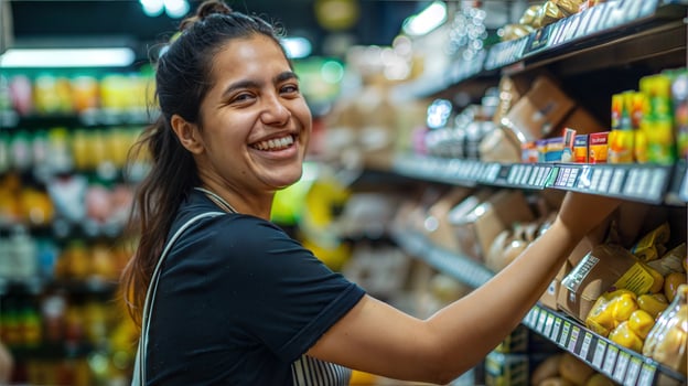 A smiling woman in a supermarket aisle photo