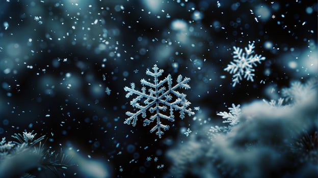 Snowflakes are seen in the dark night sky photo