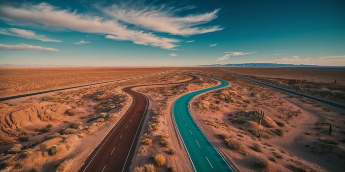 Aerial view of the road in the desert photo