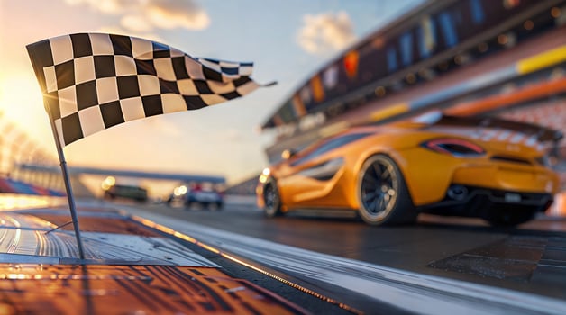 A race car is driving down the track with a checkered flag photo