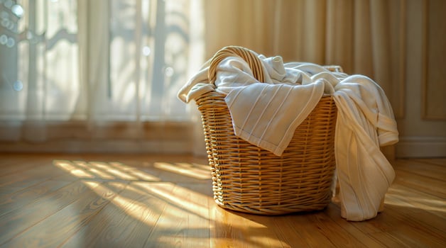 A basket of towels sitting on a wooden floor photo
