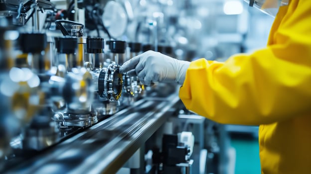 Worker in protective gear adjusts equipment in a high-tech manufacturing facility during daylight hours photo