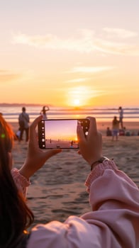 A person holding a smartphone, taking pictures of a sunset with friends on a beach. photo