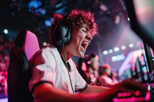 A professional esports gamer competes intensely in a tournament. Concept of esports events or gaming gear. photo
