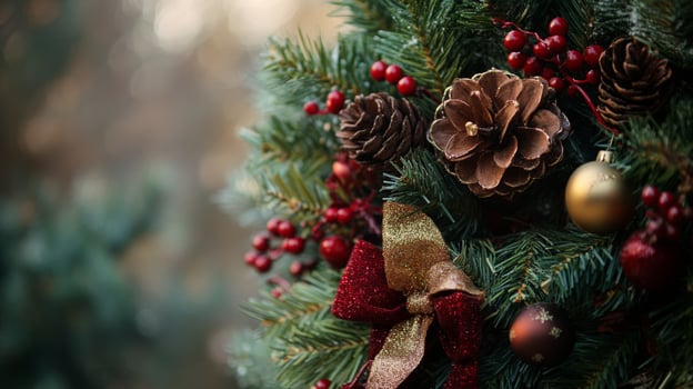 Closeup of Christmas Tree Decorated with Pine Cones, Berries, and Ornaments photo