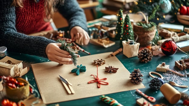 Person Making Christmas Decorations With Pine Branches and Twine photo