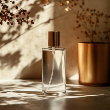 Elegant perfume bottle with soft shadows, displayed alongside decorative plant in a serene setting. photo