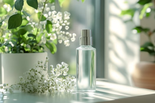 A clear spray bottle beside fresh flowers and green leaves, adorned with soft natural light. photo