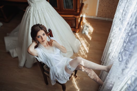 A woman in a white dress is sitting on a chair in front of a window photo