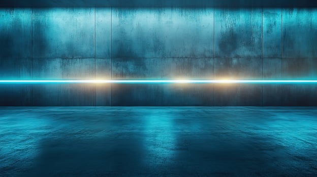 Futuristic scene with neon blue lights illuminating a concrete wall and floor, creating a vibrant ambiance. photo