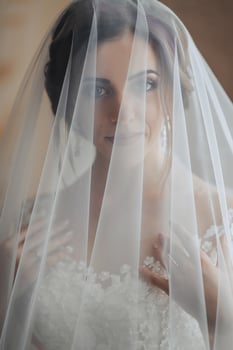 A bride is wearing a veil that is partially covering her face photo