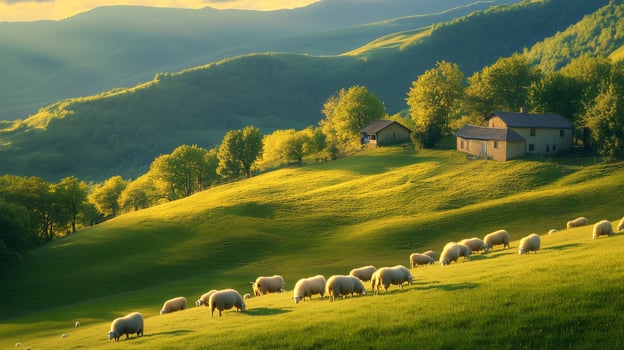 A tranquil rural scene of a flock of sheep grazing on vibrant green hills photo