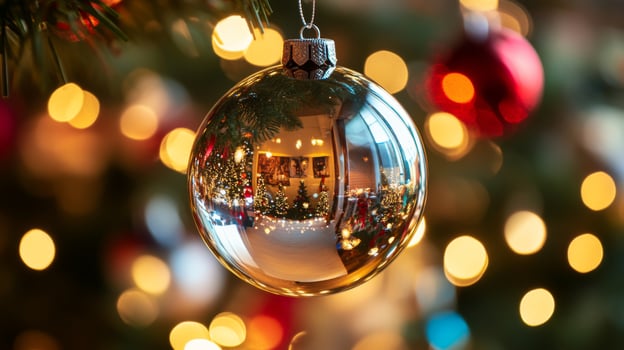 Reflective Gold Christmas Ornament on a Decorated Tree photo
