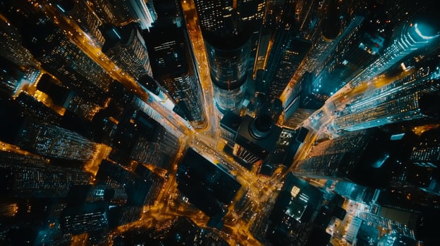 Aerial view of a vibrant urban cityscape at night showcasing illuminated streets and towering skyscrapers photo