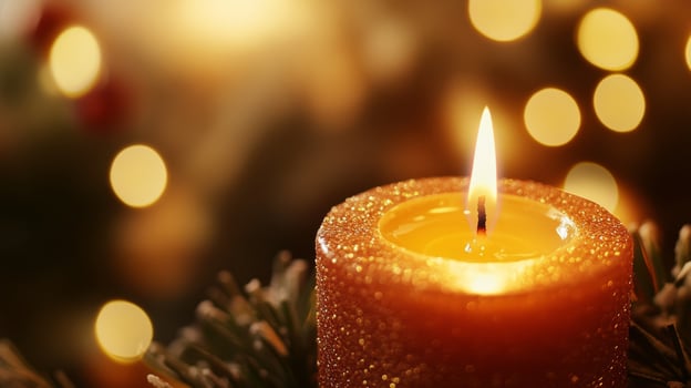 A Single Glittery Candle with a Flame, Surrounded by Warm Bokeh Lights photo