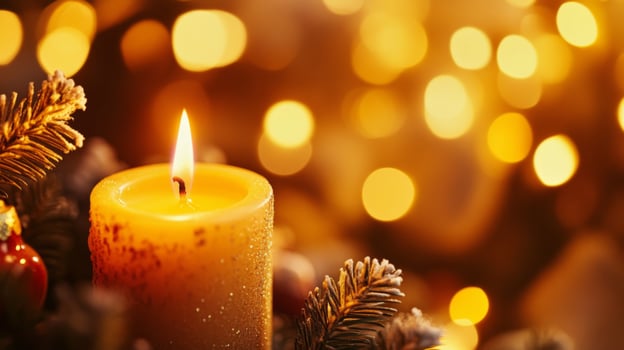 A Single Candle Burning Brightly with a Festive Background photo