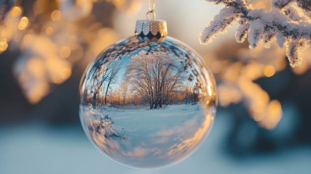 A Christmas Ornament Reflecting a Snowy Forest Scene photo
