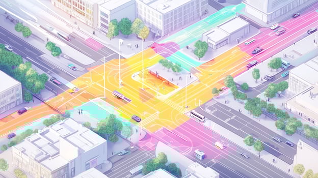 Aerial view of a vibrant urban intersection highlighting transportation and pedestrian pathways during the day photo