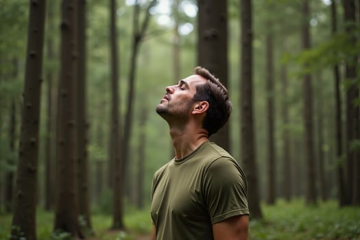 person standing looking up and enjoy the nature sense at the jungle, photo