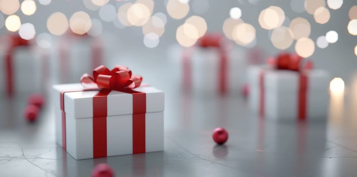 Christmas Gifts Arranged on a Decorative Table With Festive Background Lights photo