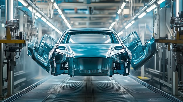 A car body suspended in a factory assembly line with doors open, showcasing the manufacturing process and modern industry technology photo