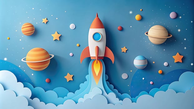 Paper art rocket ship blasting into space with planets and stars in light blue and orange colors photo