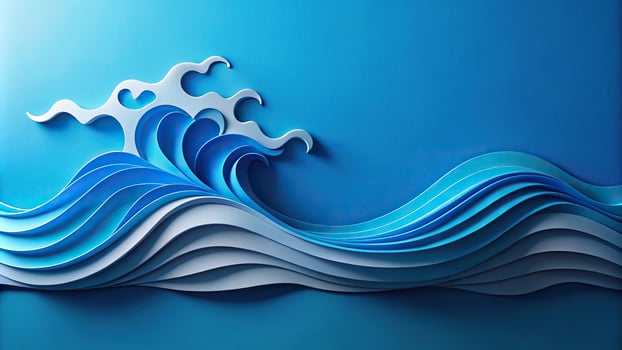 paper cut art, blue water wave, depth of field, blue background photo