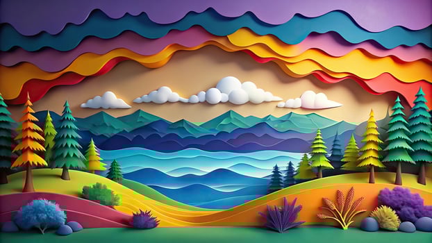 Paper cut landscape artwork with colorful trees hills mountains sea waves cloudy clouds moon photo