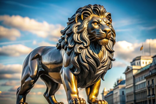 Panoramic black and gold lion sculpture photo