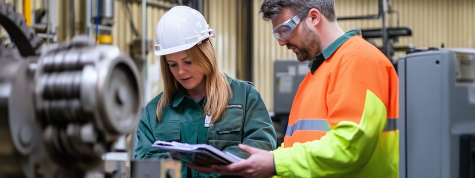 Two workers discussing safety procedures in an industrial facility during daylight photo