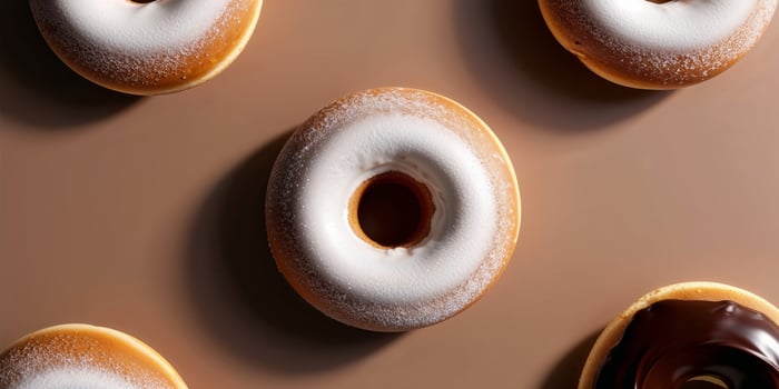 Delicious sugary doughnut with glaze on brown background top view flat lay dessert concept. photo