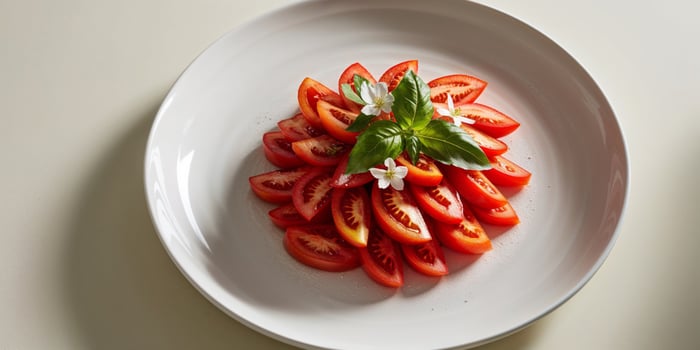 a white plate topped with sliced tomatoes and basil. photo