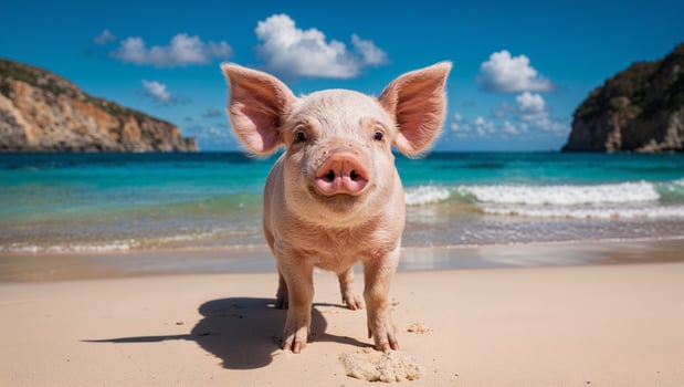 Cute piglet standing on a sandy beach with turquoise water and cliffs in the background under a bright blue sky. photo