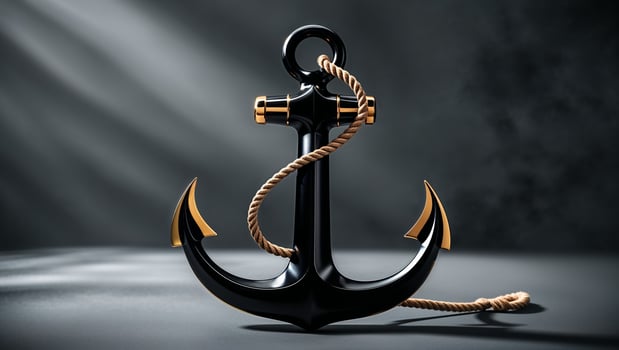 Black And Gold Anchor On A Dark Grey Background. photo