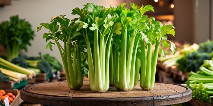 Fresh celery stalks with lush leaves showcased on wooden table at local farmers market. photo