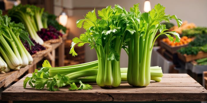 Fresh celery stalks with lush leaves showcased on wooden table at local farmers market. photo