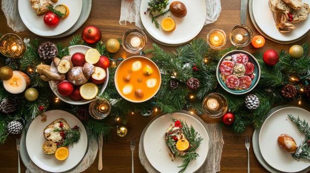Festive Christmas Table Setting with Food and Decorations photo