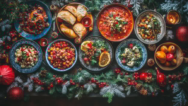 Christmas Dinner Table Setting with Various Dishes and Decorations photo
