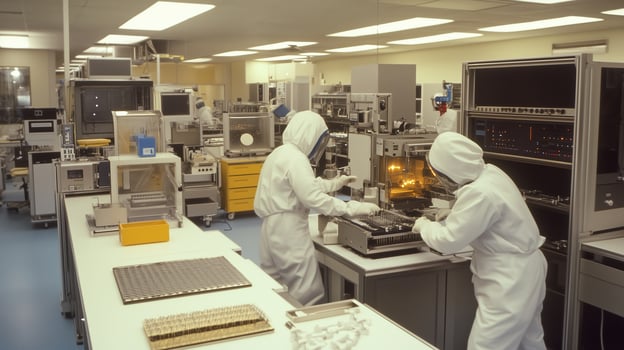 Scientists in protective gear working on advanced laboratory equipment in a clean room during a research project photo