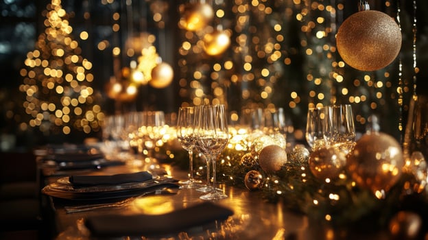 Festive Table Setting with Gold Christmas Ornaments and Lights photo