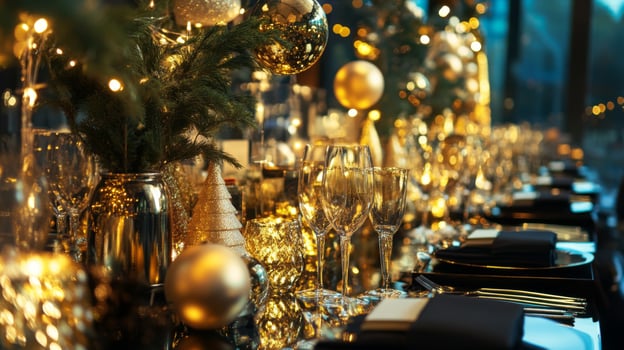 Festive Table Setting with Gold Ornaments and Sparkling Lights photo