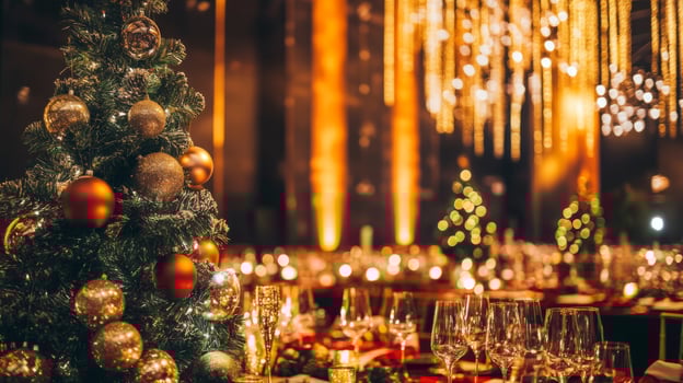 Decorated Christmas Tree with Gold and Red Ornaments in Festive Setting photo