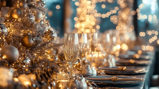 Elegant Christmas Table Setting with Gold Ornaments and Champagne Flutes photo