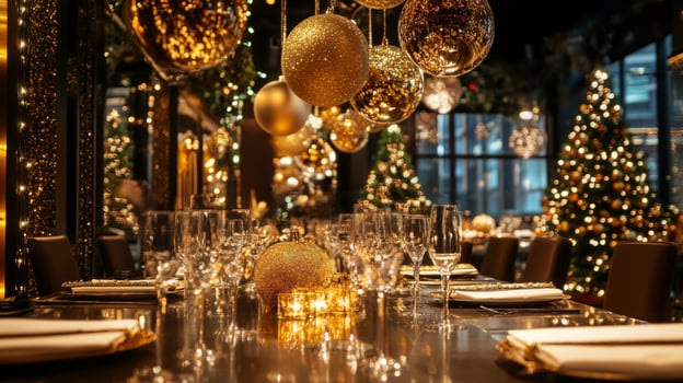 Festive Christmas Table Setting with Gold Ornaments and Candlelight photo