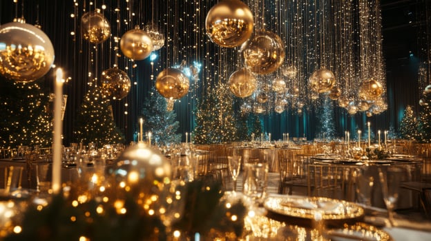 A Festive Interior Decor with Gold Christmas Ornaments and Lit Christmas Trees photo