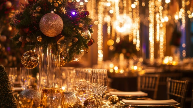 Festive Table Setting with Christmas Decorations and Sparkling Lights photo