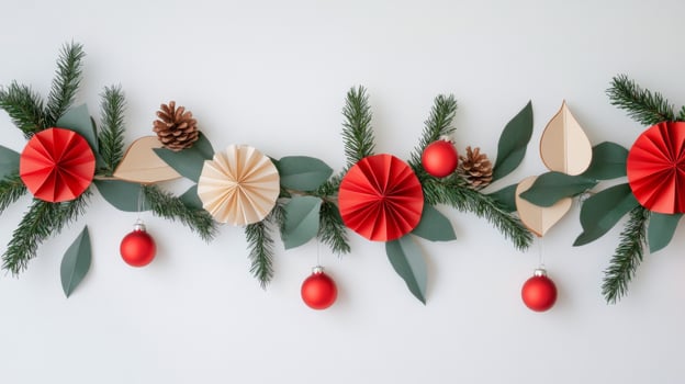 Festive Christmas Garland with Red and Cream Paper Fan Decorations photo