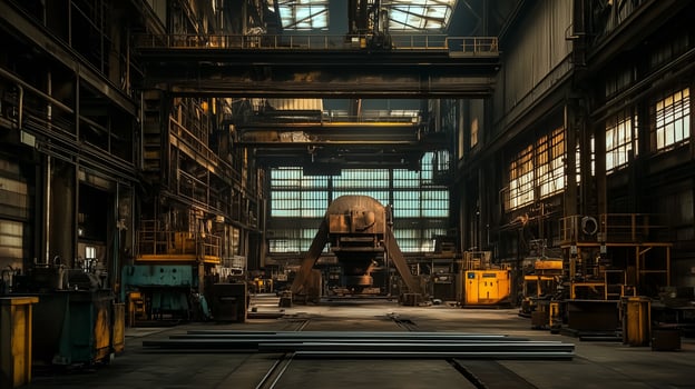 Abandoned industrial workshop with large machinery and overhead cranes, showing remnants of past work in a dimly lit space photo