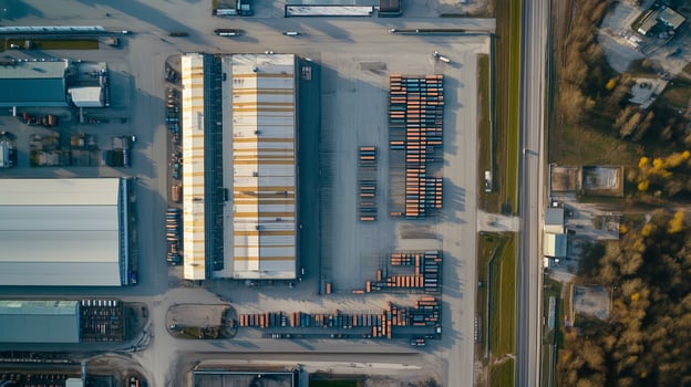 Aerial view of a busy logistics facility with numerous cargo containers and warehouses during daylight hours in an industrial area photo