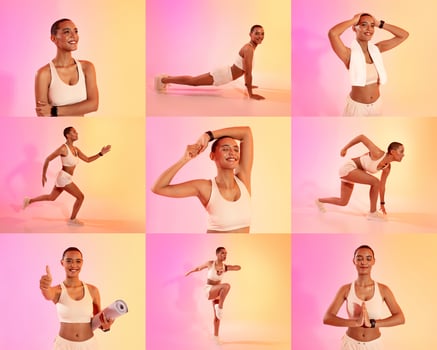 A young African American woman showcases various workout poses in a colorful studio. She smiles while demonstrating exercises, highlighting her fitness routine and enthusiasm for health. photo
